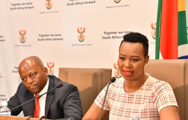 Communications Minister Stella Ndabeni-Abrahams and SABC Chairperson Bonginkosi Makhathini brief media in Pretoria.
